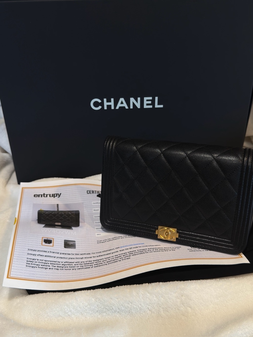 CHANEL BOY WALLET ON CHAIN Black Caviar Brushed Gold Hardware Microchip COA